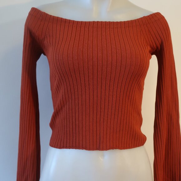 Womens Intermix Rust Ribbed Flare Sleeve Off-The-Shoulder Sweater P US/XS - Picture 4 of 10